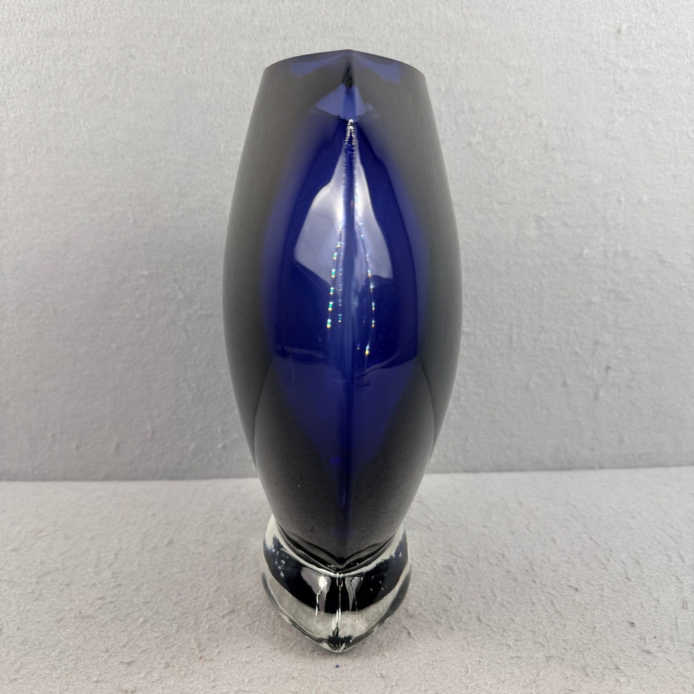 Cobalt Blue Vintage Art Glass Vase 10" Large MCM Oblique Asymmetrical Form - Picture 3 of 11